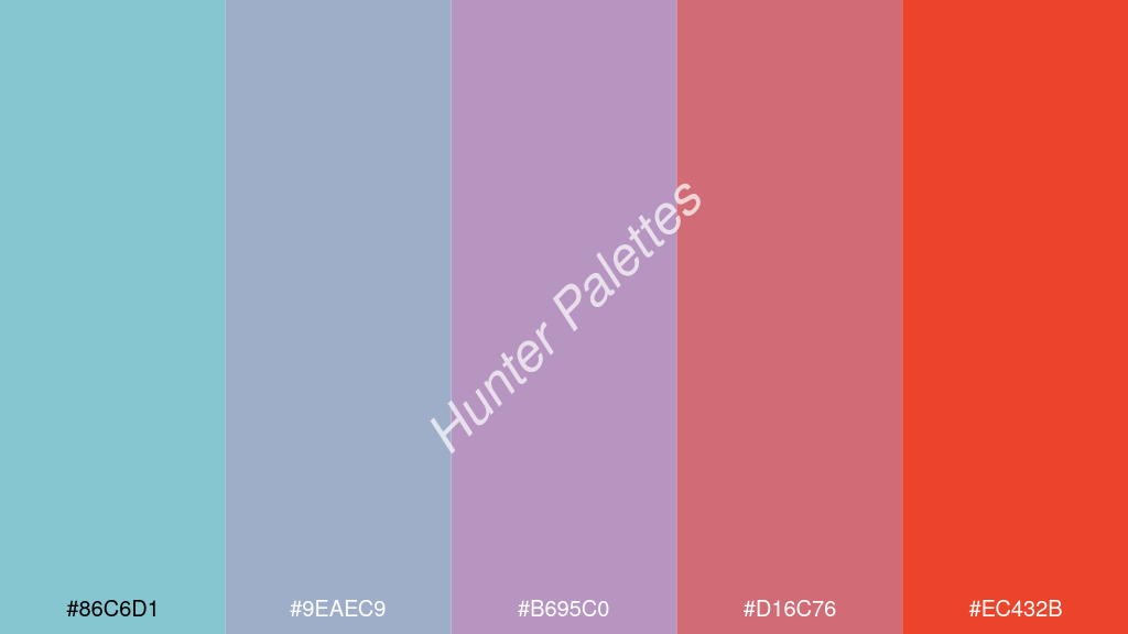 orgona szín palettája a következőkkel: #86c6d1 #9eaec9 #b695c0 #d16c76 #ec432b