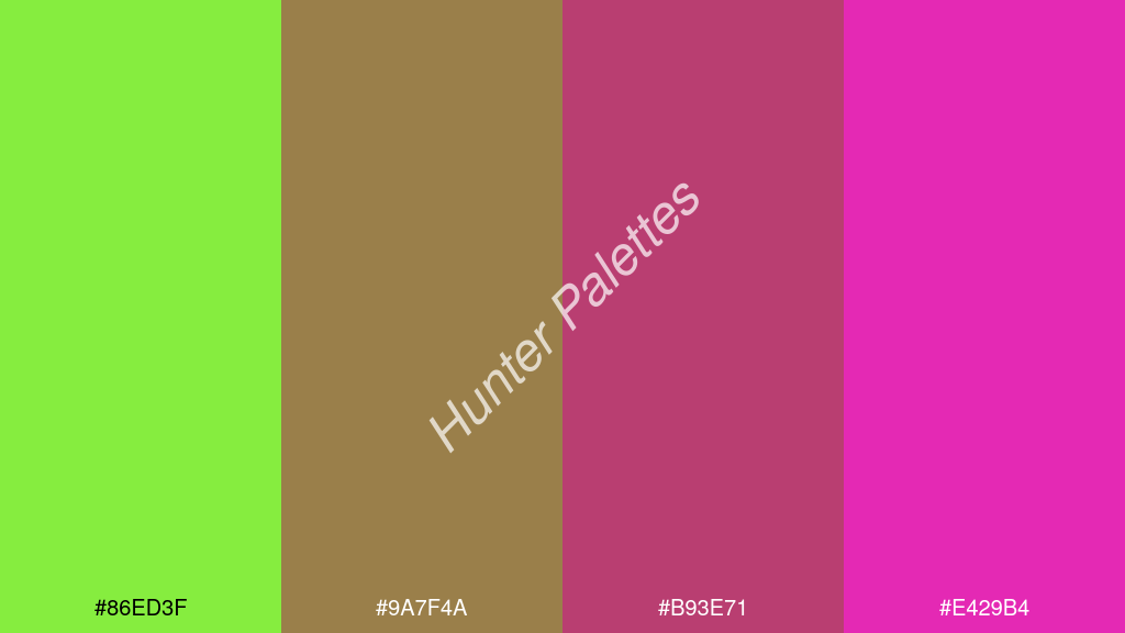 mahagóni szín palettája a következőkkel: #86ed3f #9a7f4a #b93e71 #e429b4