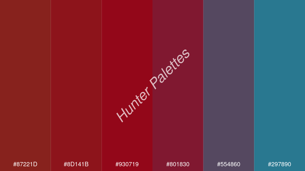karmazsin szín palettája a következőkkel: #87221d #8d141b #930719 #801830 #554860 #297890