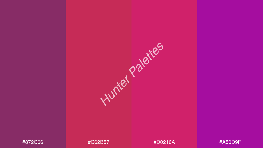 amarant szín palettája a következőkkel: #872c66 #c62b57 #d0216a #a50d9f