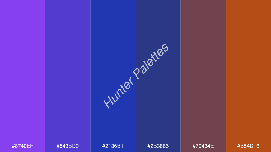 királykék szín palettája a következőkkel: #8740ef #543bd0 #2136b1 #2b3886 #70434e #b54d16