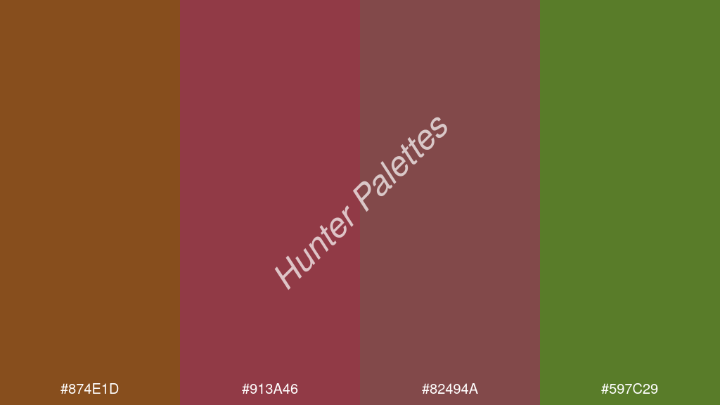 bordó szín palettája a következőkkel: #874e1d #913a46 #82494a #597c29