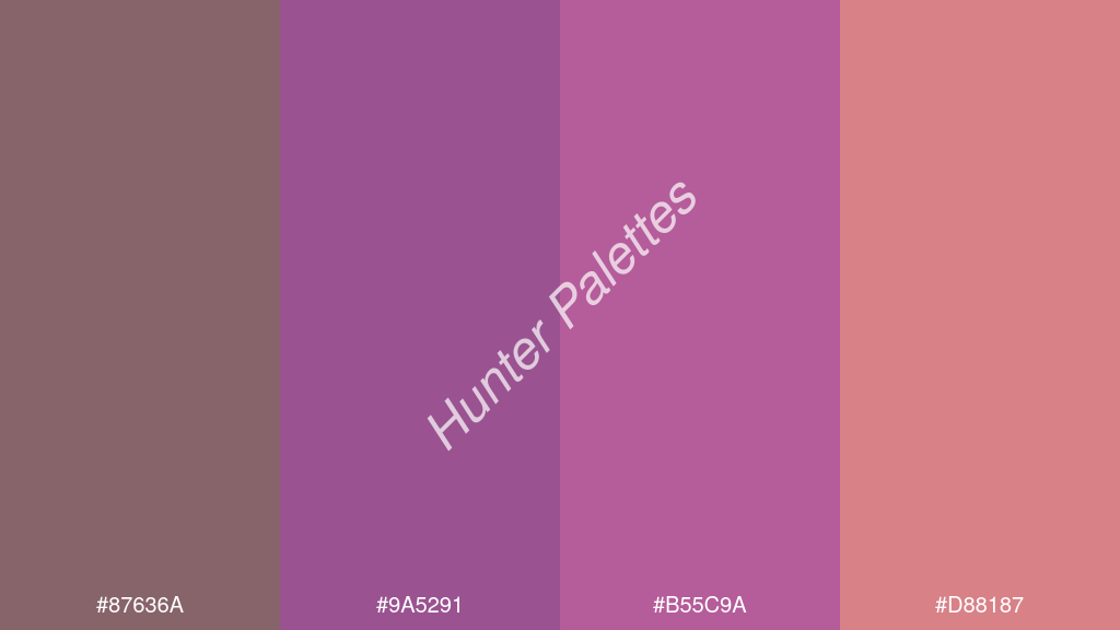 lila szín palettája a következőkkel: #87636a #9a5291 #b55c9a #d88187