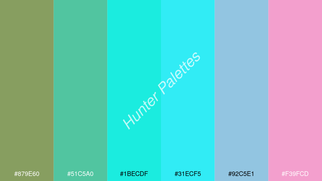 cián szín palettája a következőkkel: #879e60 #51c5a0 #1becdf #31ecf5 #92c5e1 #f39fcd