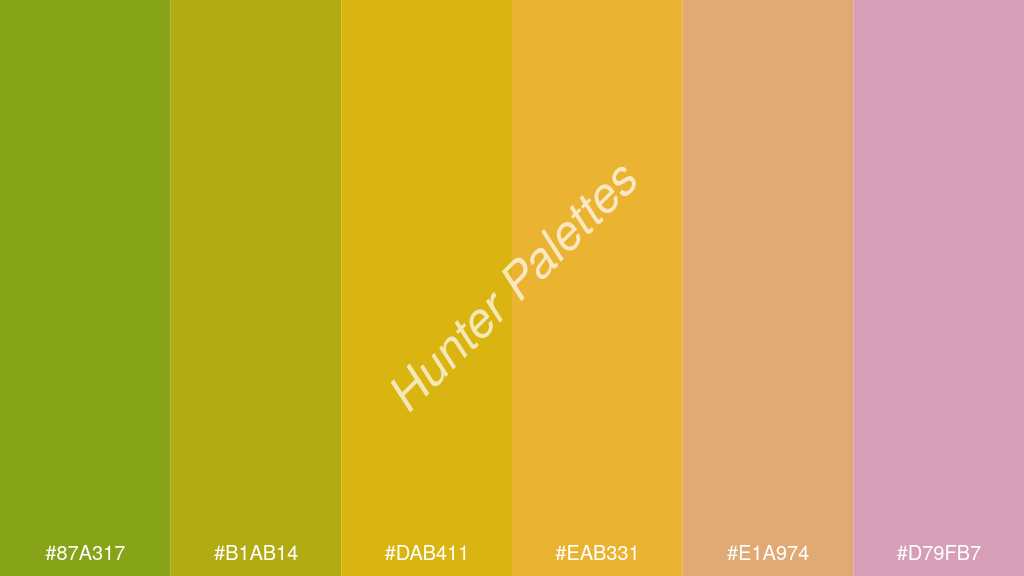 arany szín palettája a következőkkel: #87a317 #b1ab14 #dab411 #eab331 #e1a974 #d79fb7
