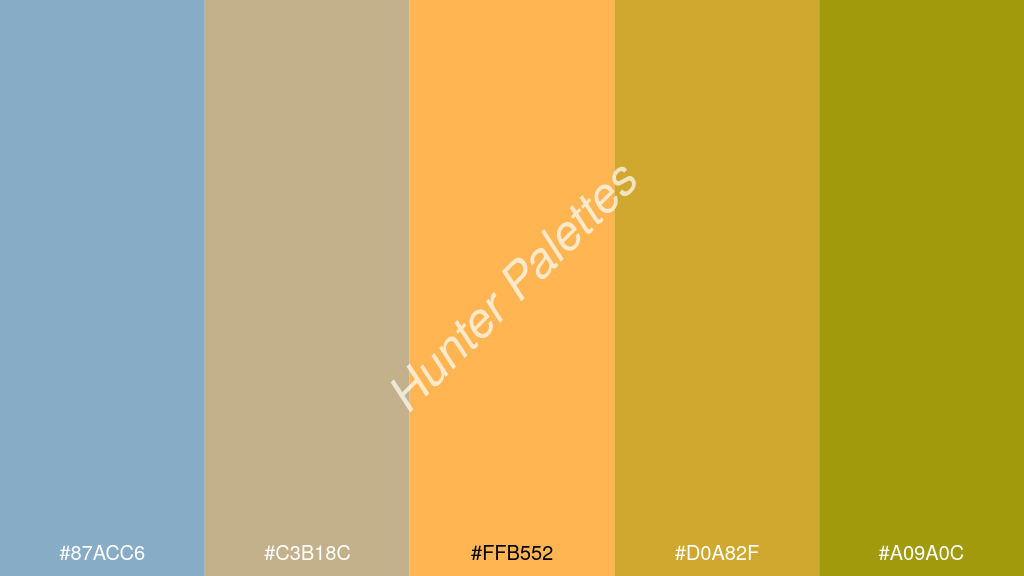 világos narancs szín palettája a következőkkel: #87acc6 #c3b18c #ffb552 #d0a82f #a09a0c