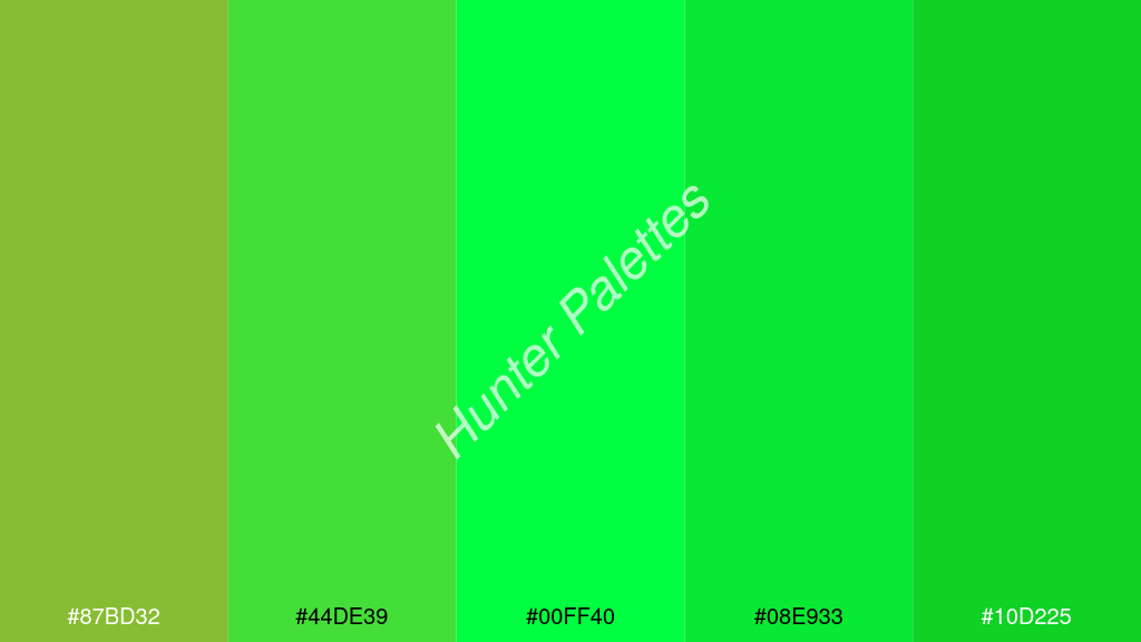 fluoreszkáló zöld szín palettája a következőkkel: #87bd32 #44de39 #00ff40 #08e933 #10d225