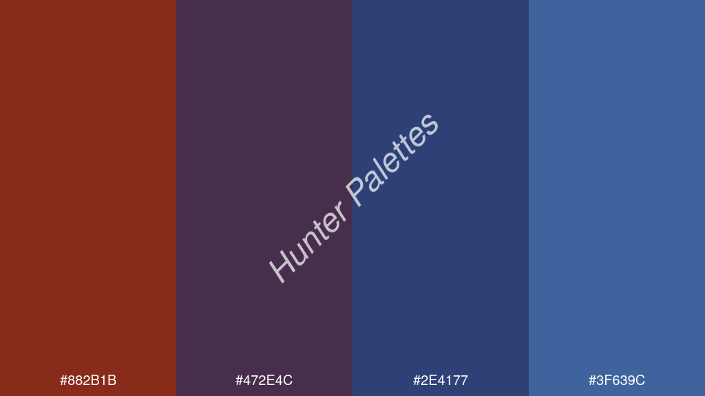 kobaltkék szín palettája a következőkkel: #882b1b #472e4c #2e4177 #3f639c