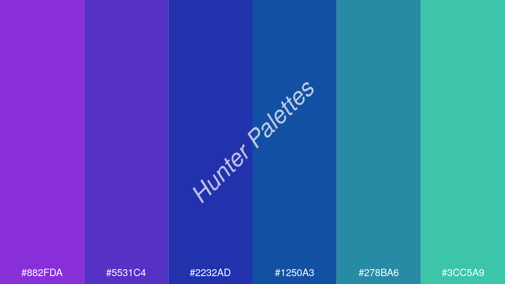 királykék szín palettája a következőkkel: #882fda #5531c4 #2232ad #1250a3 #278ba6 #3cc5a9