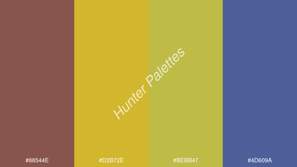 kanárisárga szín palettája a következőkkel: #88544e #d2b72e #bebb47 #4d609a