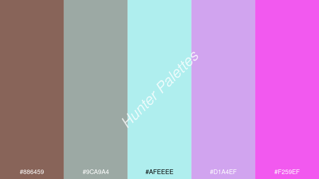 halvány türkiz szín palettája a következőkkel: #886459 #9ca9a4 #afeeee #d1a4ef #f259ef
