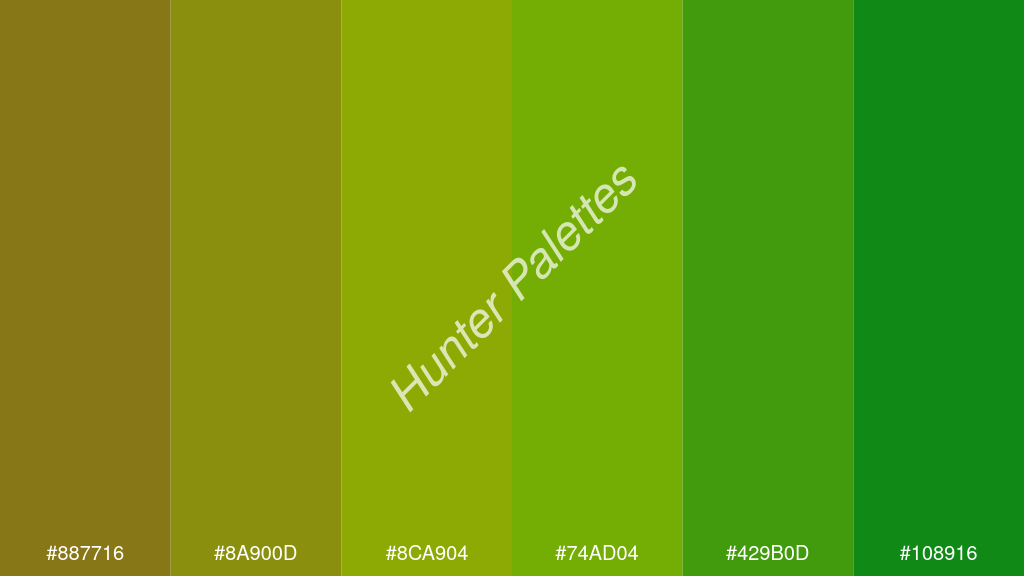 alma zöld szín palettája a következőkkel: #887716 #8a900d #8ca904 #74ad04 #429b0d #108916