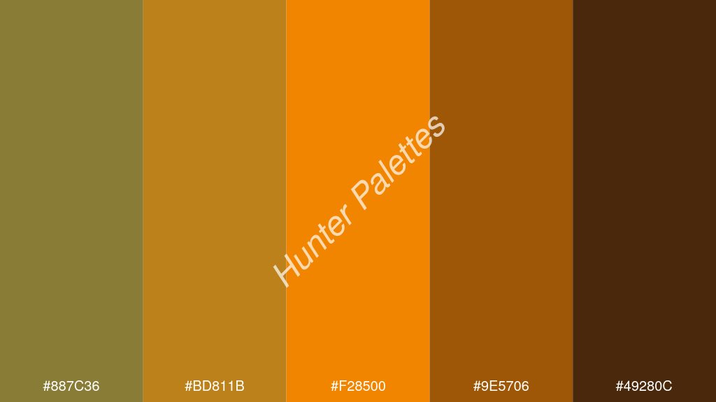 mandarin szín palettája a következőkkel: #887c36 #bd811b #f28500 #9e5706 #49280c
