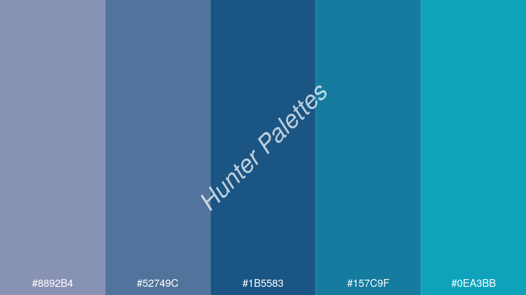 Capri kék szín palettája a következőkkel: #8892b4 #52749c #1b5583 #157c9f #0ea3bb