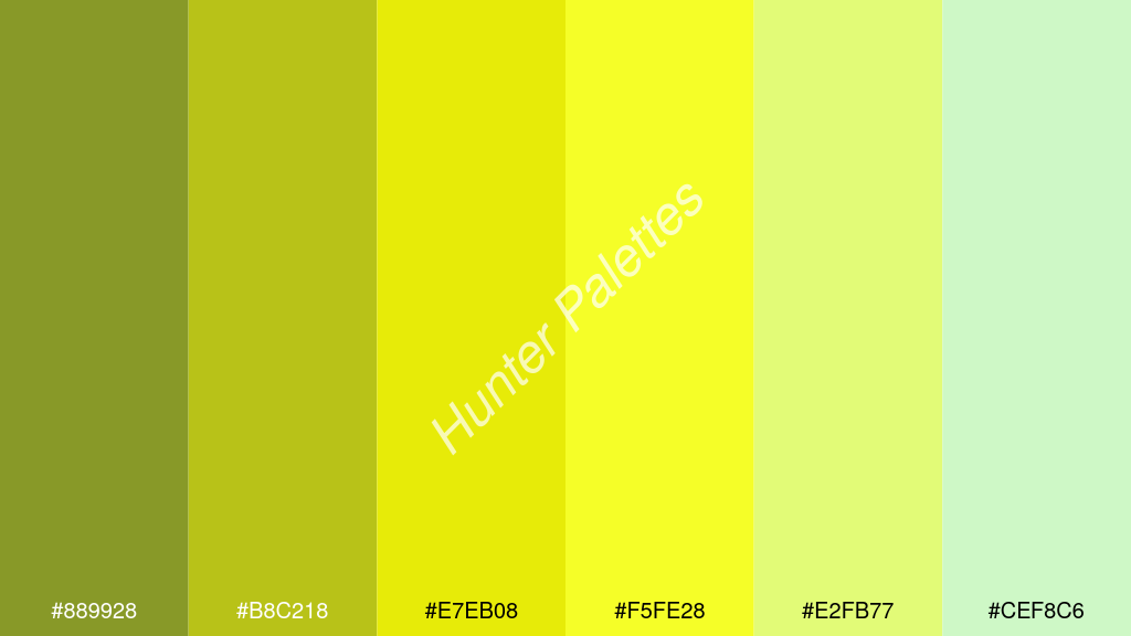 sárga szín palettája a következőkkel: #889928 #b8c218 #e7eb08 #f5fe28 #e2fb77 #cef8c6