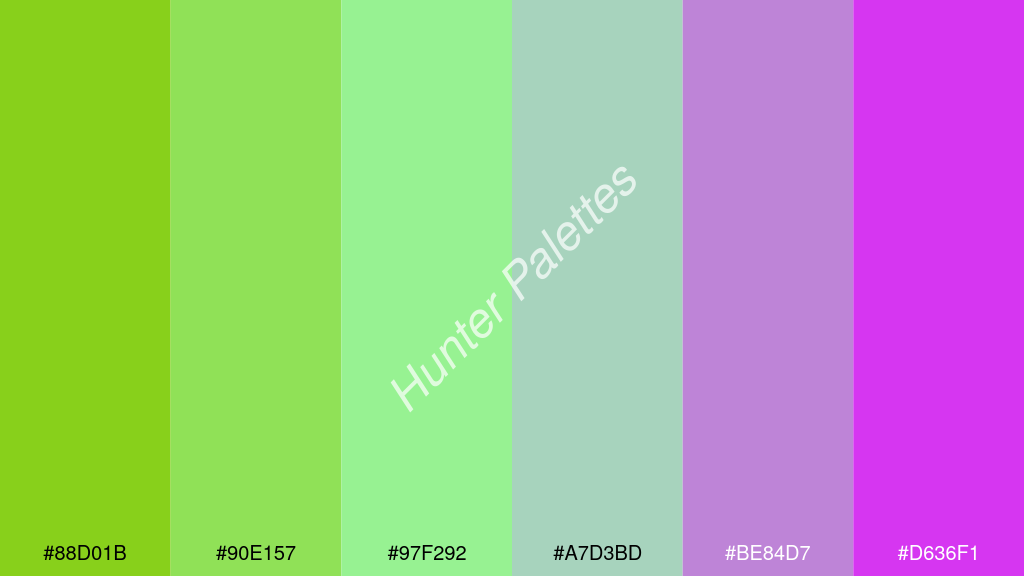 menta szín palettája a következőkkel: #88d01b #90e157 #97f292 #a7d3bd #be84d7 #d636f1