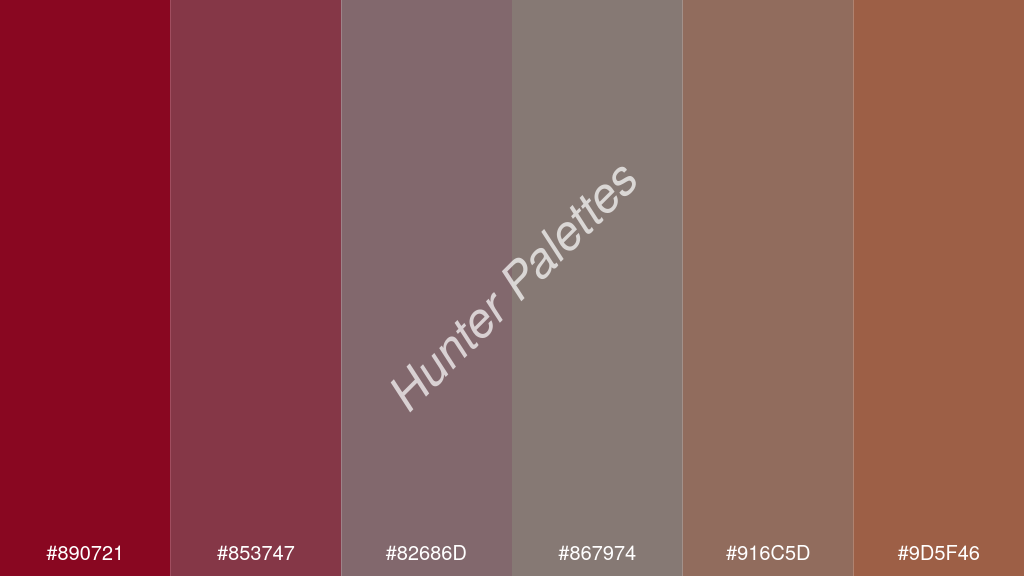 szürke szín palettája a következőkkel: #890721 #853747 #82686d #867974 #916c5d #9d5f46