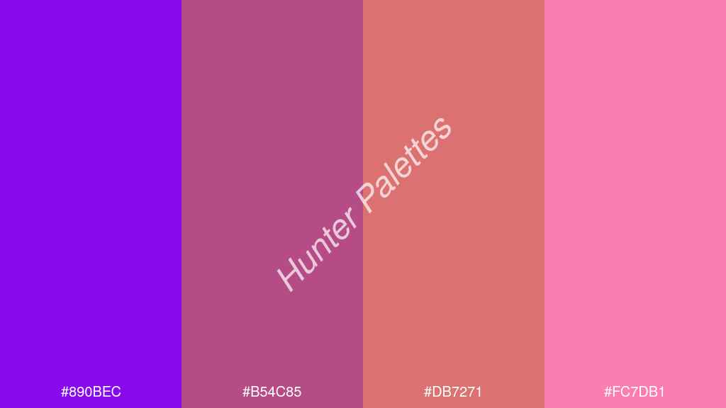 réz szín palettája a következőkkel: #890bec #b54c85 #db7271 #fc7db1