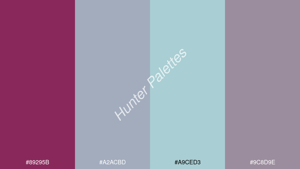 halvány türkiz szín palettája a következőkkel: #89295b #a2acbd #a9ced3 #9c8d9e