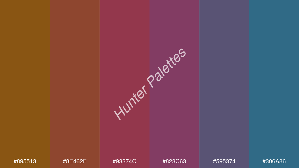 bordó szín palettája a következőkkel: #895513 #8e462f #93374c #823c63 #595374 #306a86