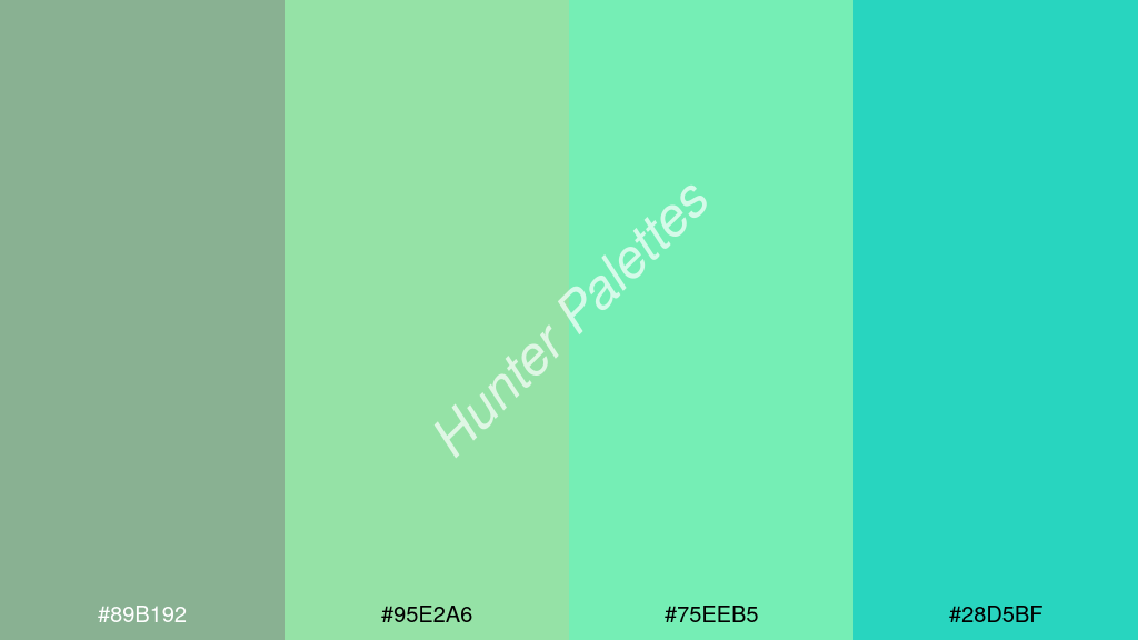 menta szín palettája a következőkkel: #89b192 #95e2a6 #75eeb5 #28d5bf