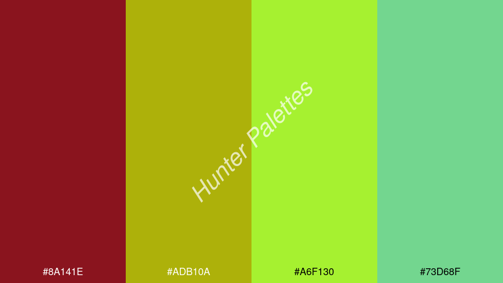 limezöld szín palettája a következőkkel: #8a141e #adb10a #a6f130 #73d68f