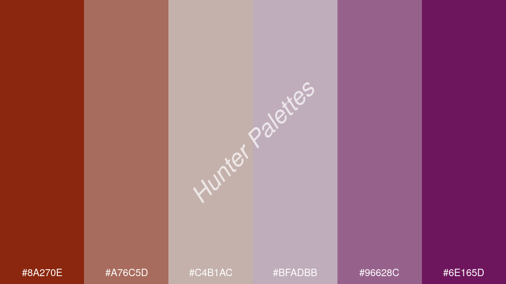 világos szürke szín palettája a következőkkel: #8a270e #a76c5d #c4b1ac #bfadbb #96628c #6e165d