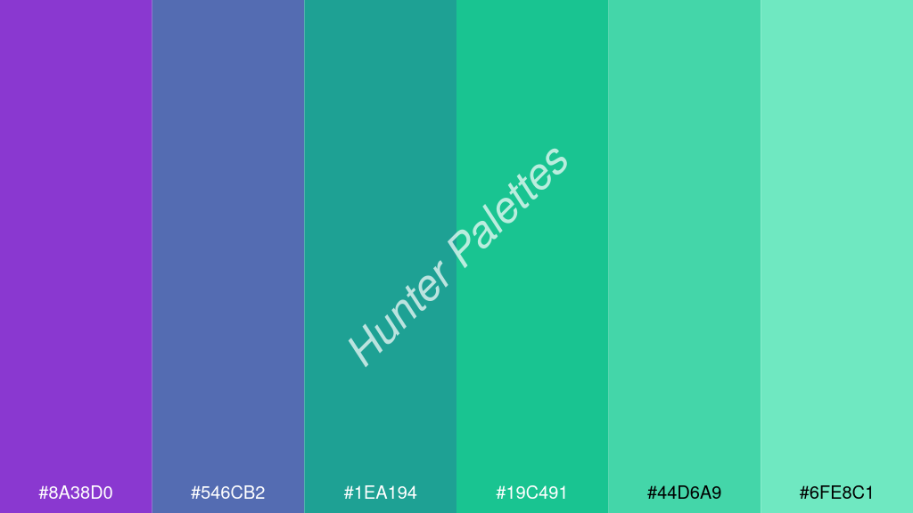akvamarinzöld szín palettája a következőkkel: #8a38d0 #546cb2 #1ea194 #19c491 #44d6a9 #6fe8c1