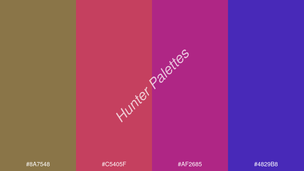 razzmatazz szín palettája a következőkkel: #8a7548 #c5405f #af2685 #4829b8