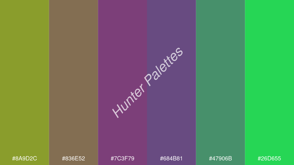 ibolya szín palettája a következőkkel: #8a9d2c #836e52 #7c3f79 #684b81 #47906b #26d655