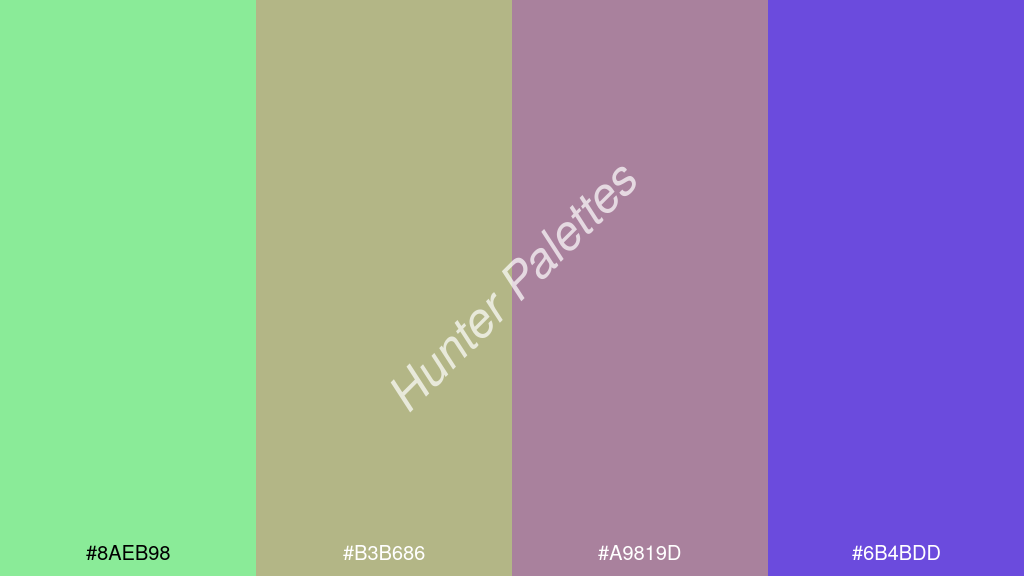 terracotta szín palettája a következőkkel: #8aeb98 #b3b686 #a9819d #6b4bdd