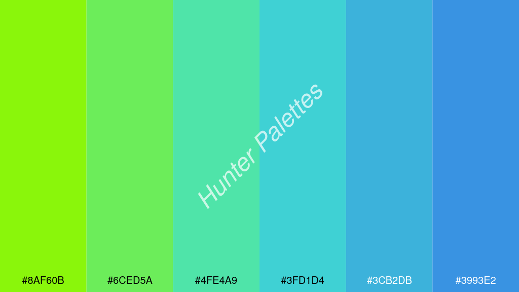 türkiz szín palettája a következőkkel: #8af60b #6ced5a #4fe4a9 #3fd1d4 #3cb2db #3993e2