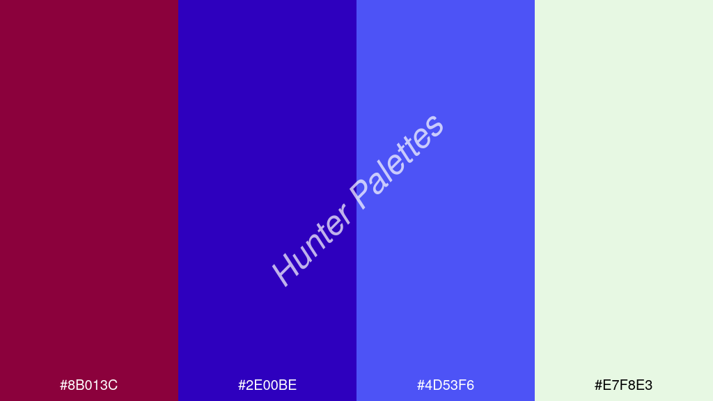 kék szín palettája a következőkkel: #8b013c #2e00be #4d53f6 #e7f8e3