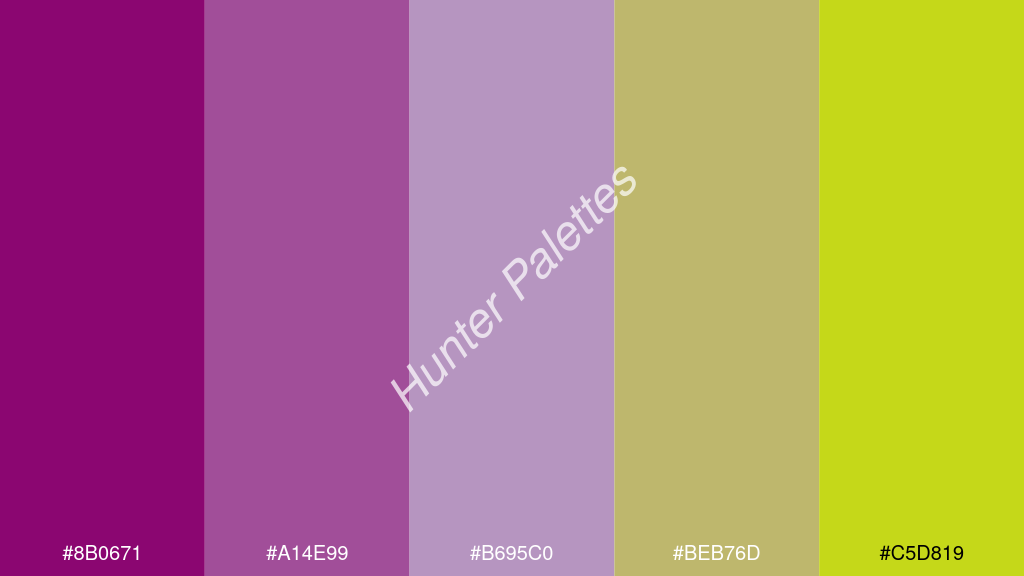 orgona szín palettája a következőkkel: #8b0671 #a14e99 #b695c0 #beb76d #c5d819