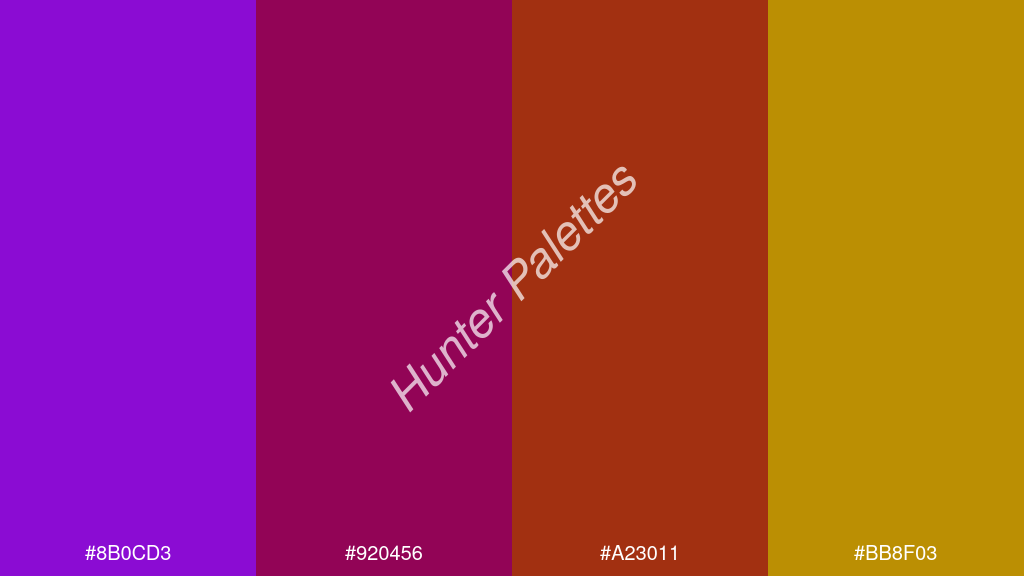 karmazsin szín palettája a következőkkel: #8b0cd3 #920456 #a23011 #bb8f03