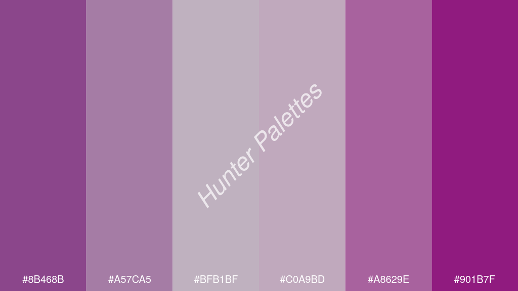 cccccc szín palettája a következőkkel: #8b468b #a57ca5 #bfb1bf #c0a9bd #a8629e #901b7f