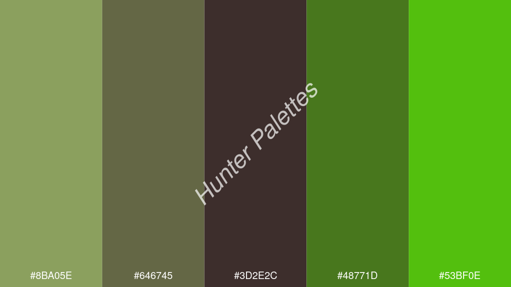 wenge szín palettája a következőkkel: #8ba05e #646745 #3d2e2c #48771d #53bf0e