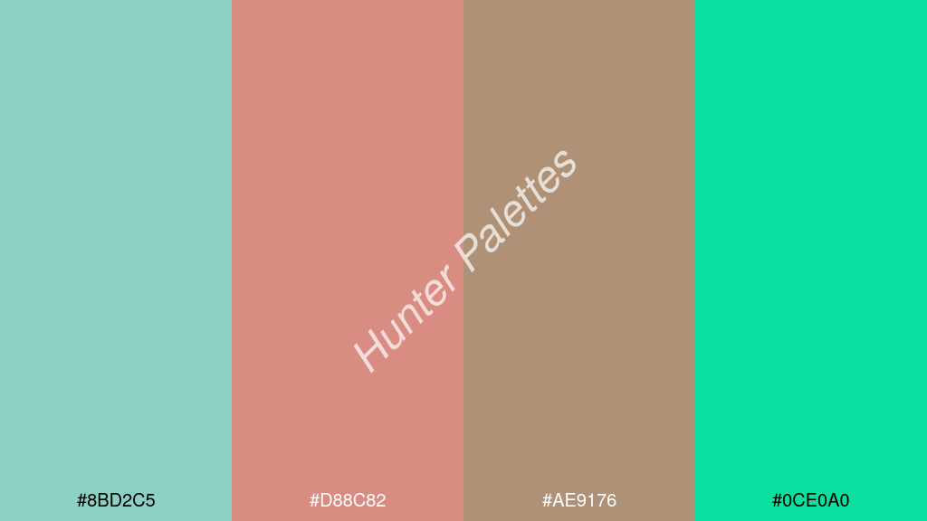 pasztell piros szín palettája a következőkkel: #8bd2c5 #d88c82 #ae9176 #0ce0a0