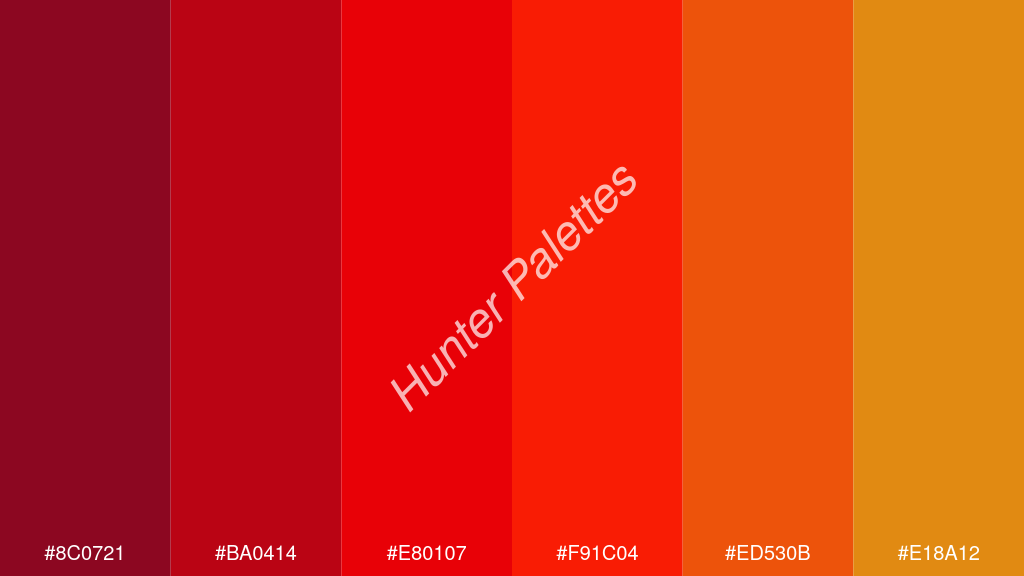 vörös szín palettája a következőkkel: #8c0721 #ba0414 #e80107 #f91c04 #ed530b #e18a12
