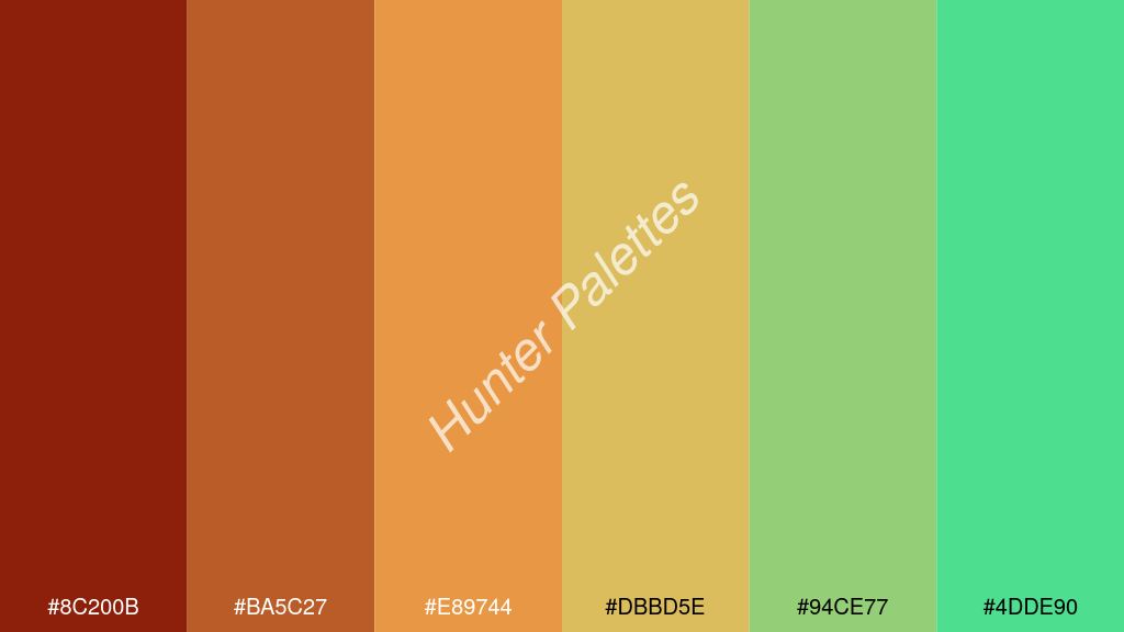 világos narancs szín palettája a következőkkel: #8c200b #ba5c27 #e89744 #dbbd5e #94ce77 #4dde90
