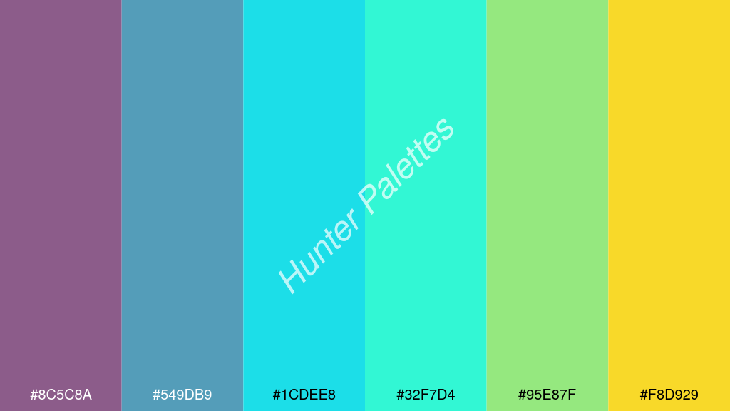 cián szín palettája a következőkkel: #8c5c8a #549db9 #1cdee8 #32f7d4 #95e87f #f8d929