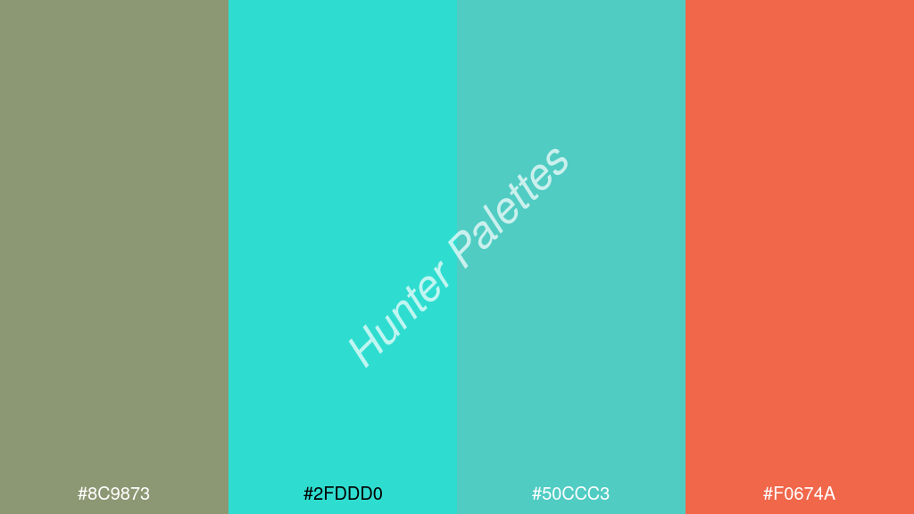 cián szín palettája a következőkkel: #8c9873 #2fddd0 #50ccc3 #f0674a