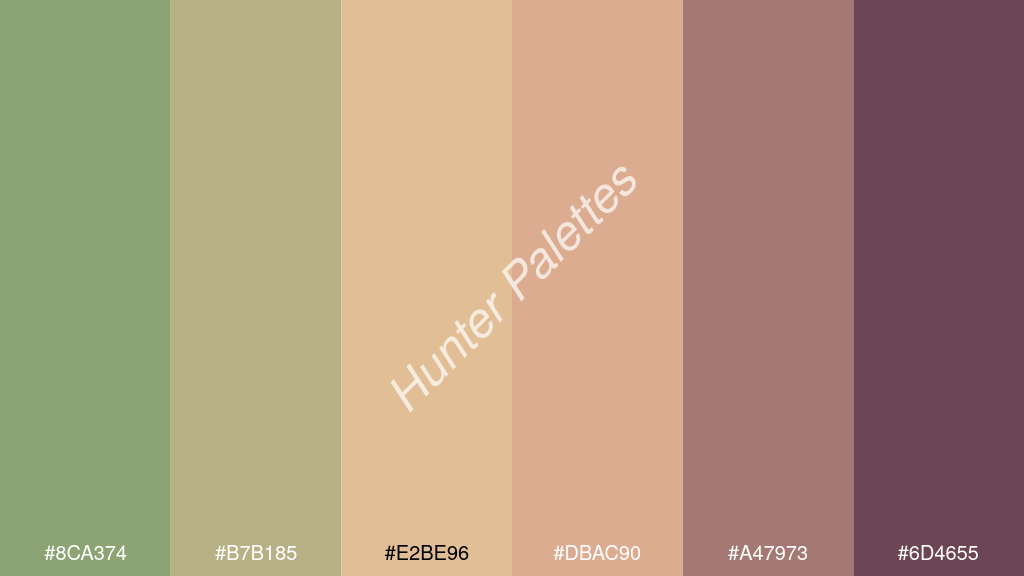 őszibarack szín palettája a következőkkel: #8ca374 #b7b185 #e2be96 #dbac90 #a47973 #6d4655