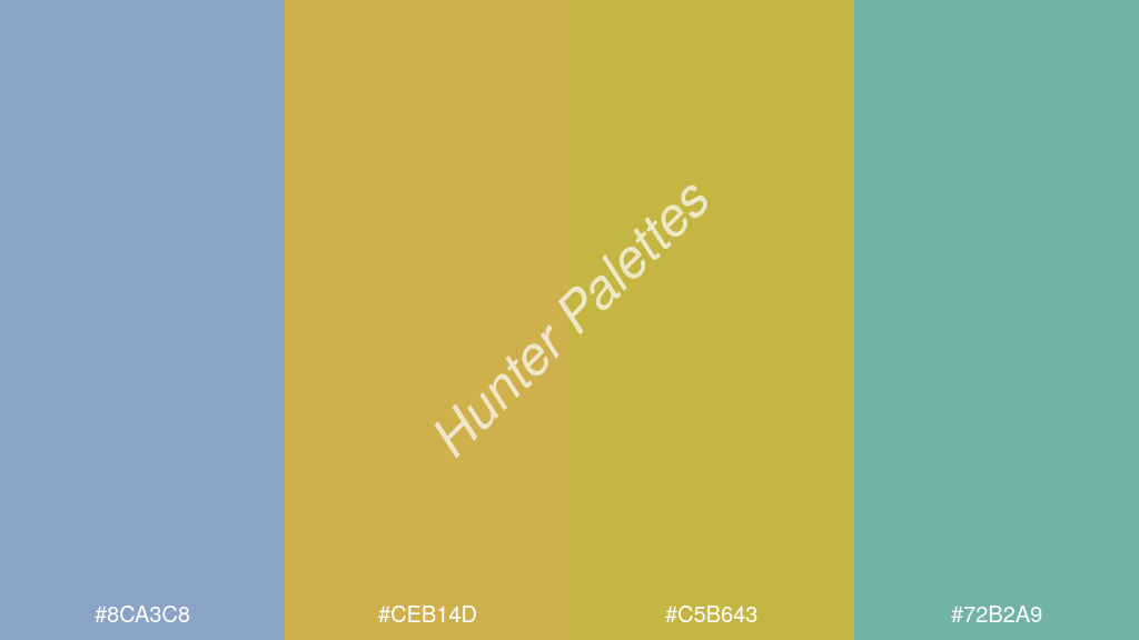 arany szín palettája a következőkkel: #8ca3c8 #ceb14d #c5b643 #72b2a9