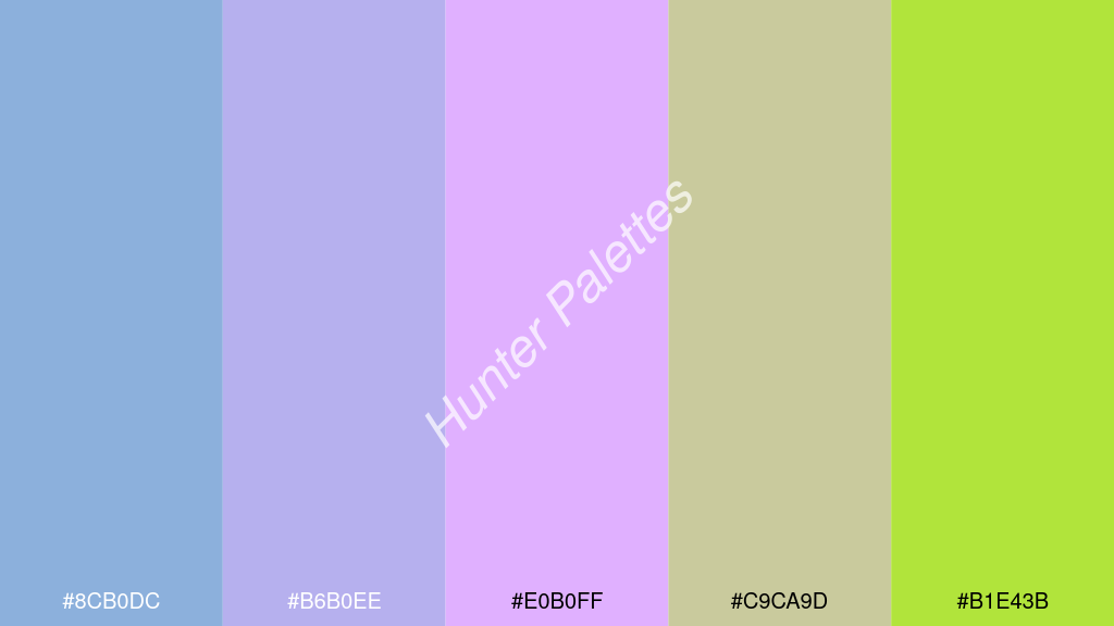 mályva szín palettája a következőkkel: #8cb0dc #b6b0ee #e0b0ff #c9ca9d #b1e43b
