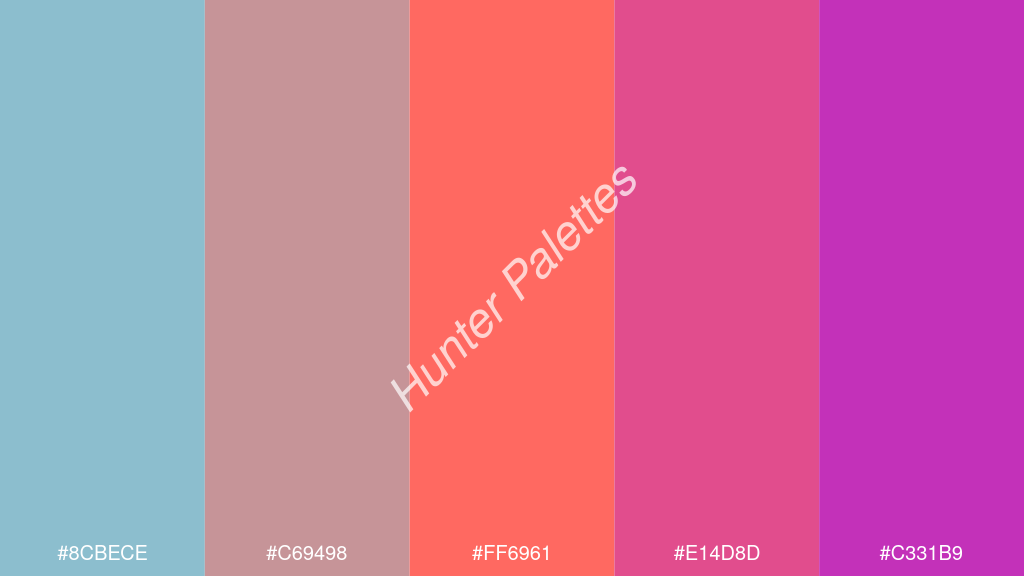 pasztell piros szín palettája a következőkkel: #8cbece #c69498 #ff6961 #e14d8d #c331b9