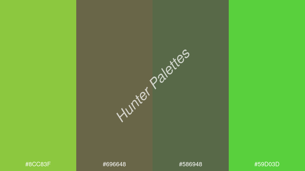 szilva szín palettája a következőkkel: #8cc83f #696648 #586948 #59d03d
