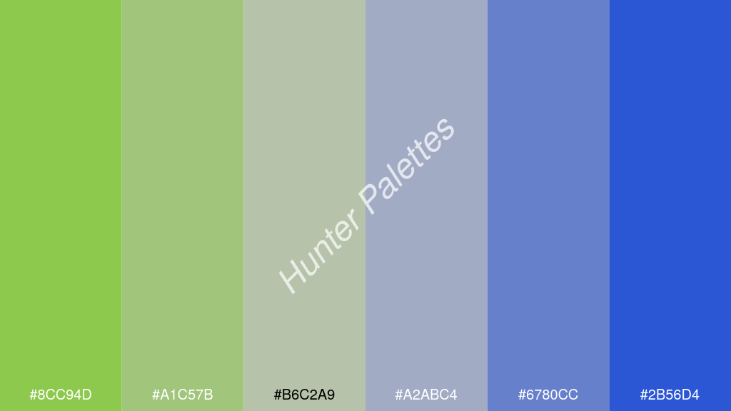 ezüstszürke szín palettája a következőkkel: #8cc94d #a1c57b #b6c2a9 #a2abc4 #6780cc #2b56d4