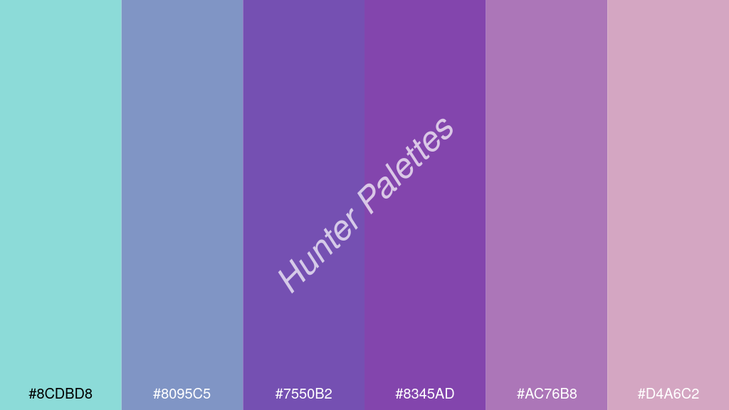 szőlő szín palettája a következőkkel: #8cdbd8 #8095c5 #7550b2 #8345ad #ac76b8 #d4a6c2