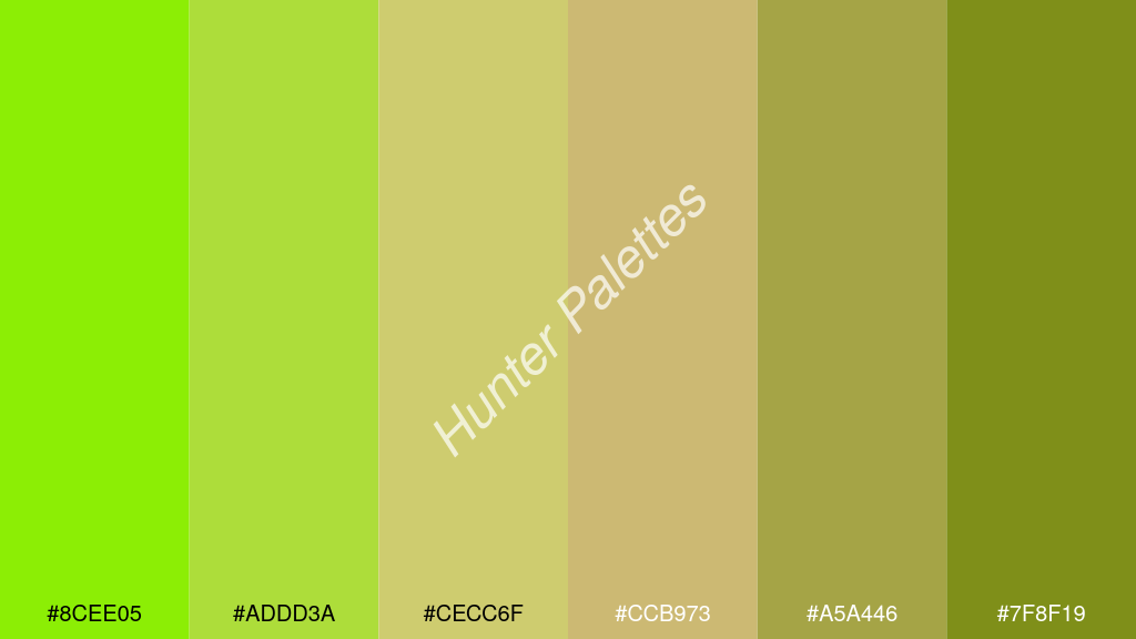 khaki szín palettája a következőkkel: #8cee05 #addd3a #cecc6f #ccb973 #a5a446 #7f8f19